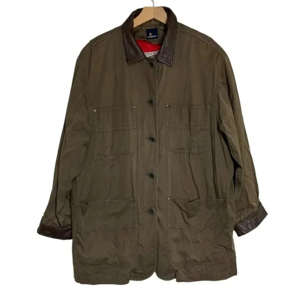 Lizsport Barn Jacket Large Olive Green Leather Trim Quilted‎ Lining Utility Coat